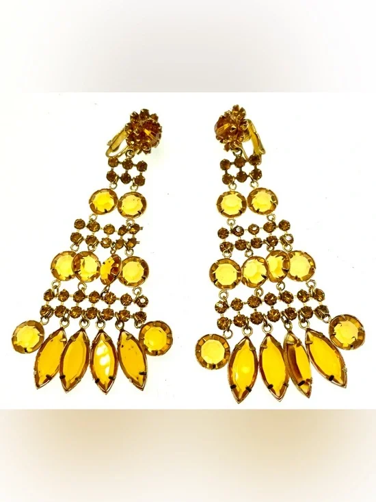 Vintage Amber Rhinestone Chandelier Earrings Gold Tone Statement Clip On - Picture 5 of 6